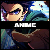 Banner for the Boondock Traders & Co. Streetwear, clothing and apparel brands line of clothing that is inspired by Anime. The image features a male anime character in a dynamic pose with a serious expression. There are anime action lines and flying rocks. He is wearing a classic japanese male high school uniform.